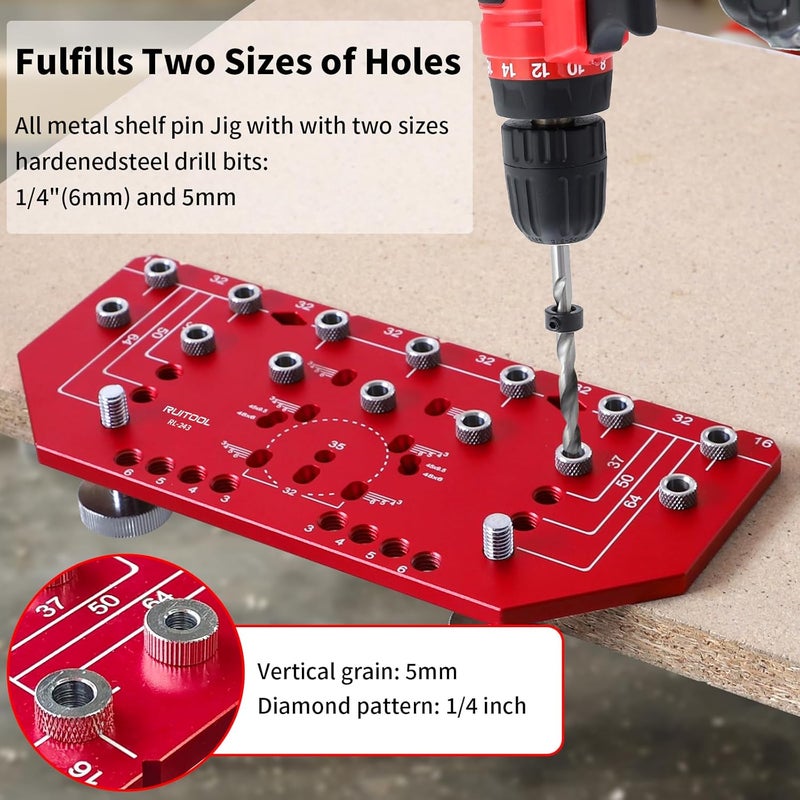 RUITOOL Shelf Pin Jig and Hinge Jig Two-in-One, Self-contained Clamping Function All Metal Shelf Pin Drilling Jig with 1/4" and 5mm Drill Bits, Shelf and Cabinet Hardware Jig Tool Drill Guide - Image 4